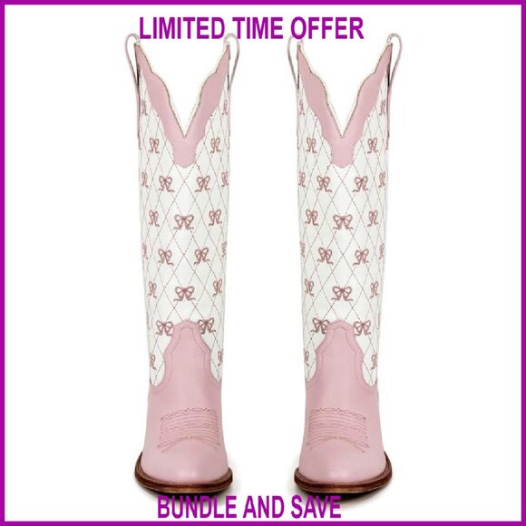 Knee High Cowgirl Boots with Mini Bows 2-Inch Heel Western Fashion - Picture 2 of 6